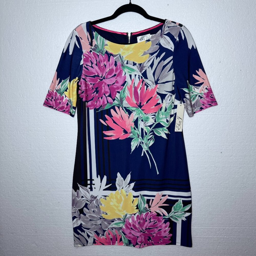 Eliza J New Womens Sz 8 Navy Floral Sheath Dress Short Sleeve Work Spring Office